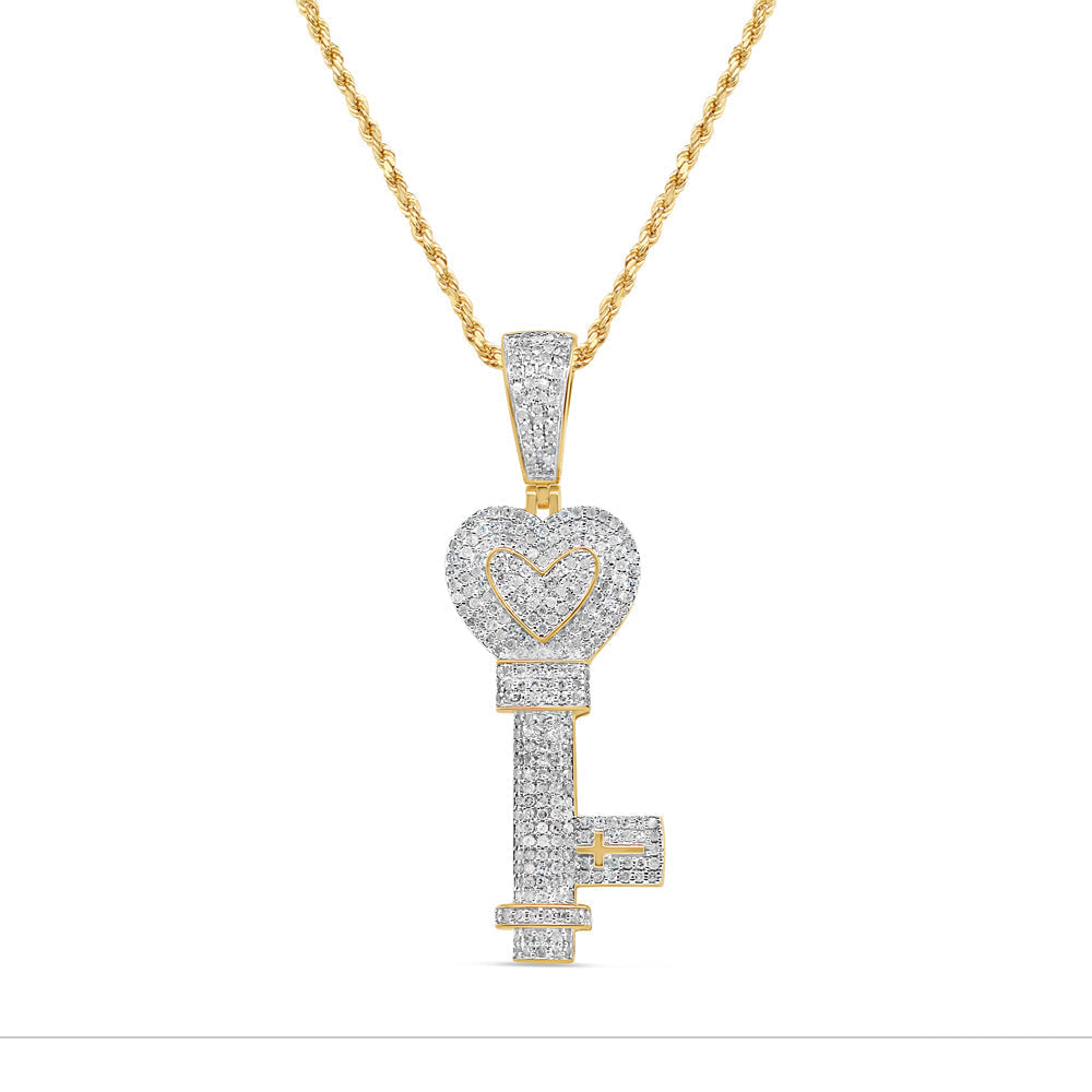Mini Cross in Heart Key Pendant with Necklace | 10K Yellow Gold | 15.09MM| 1.34CT