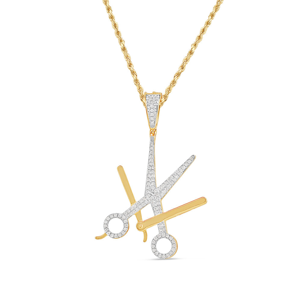 Barber Set - 'Blade + 'Scissors Pendant with Chain | 10K Yellow Gold | 23.70MM | .10CT