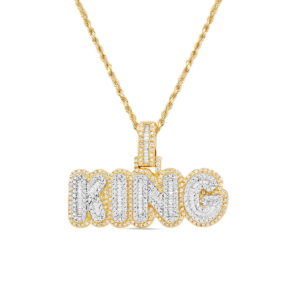 'King Pendant' with Necklace | Round and Baguette Diamonds | 10K Solid Yellow Gold | 34.54MM | 0.97CT