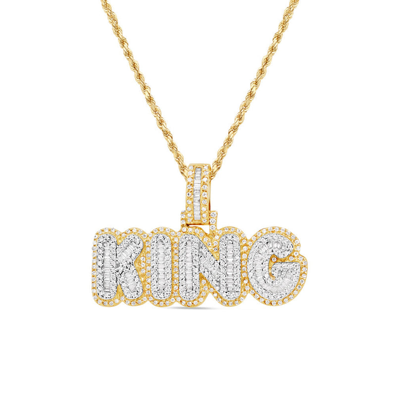 'King Pendant' with Necklace | Round and Baguette Diamonds | 10K Solid Yellow Gold | 34.54MM | 0.97CT