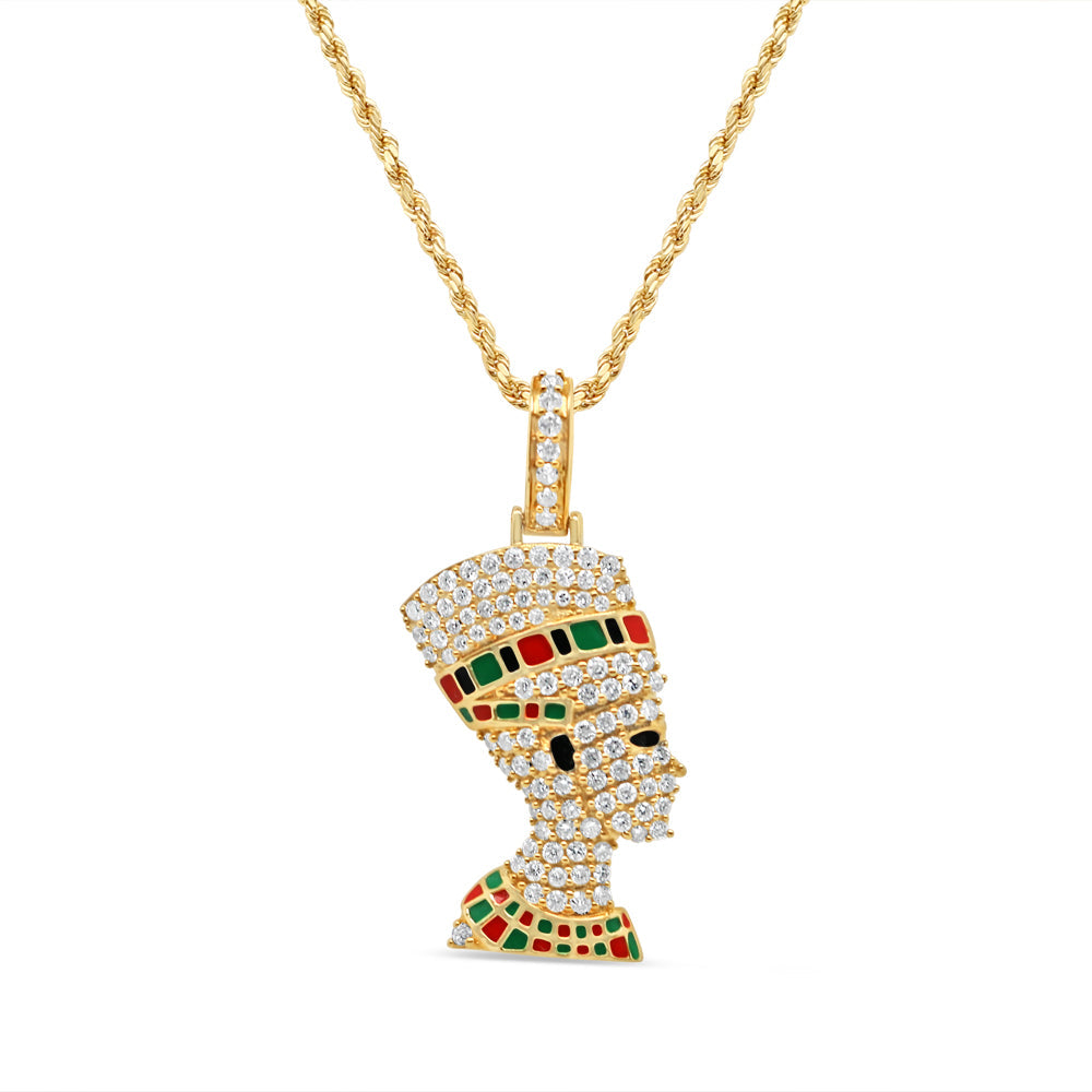 Nefertiti Head with Necklace | Color Diamonds| 14K Yellow Solid Gold | 18.05MM | 1.36CT