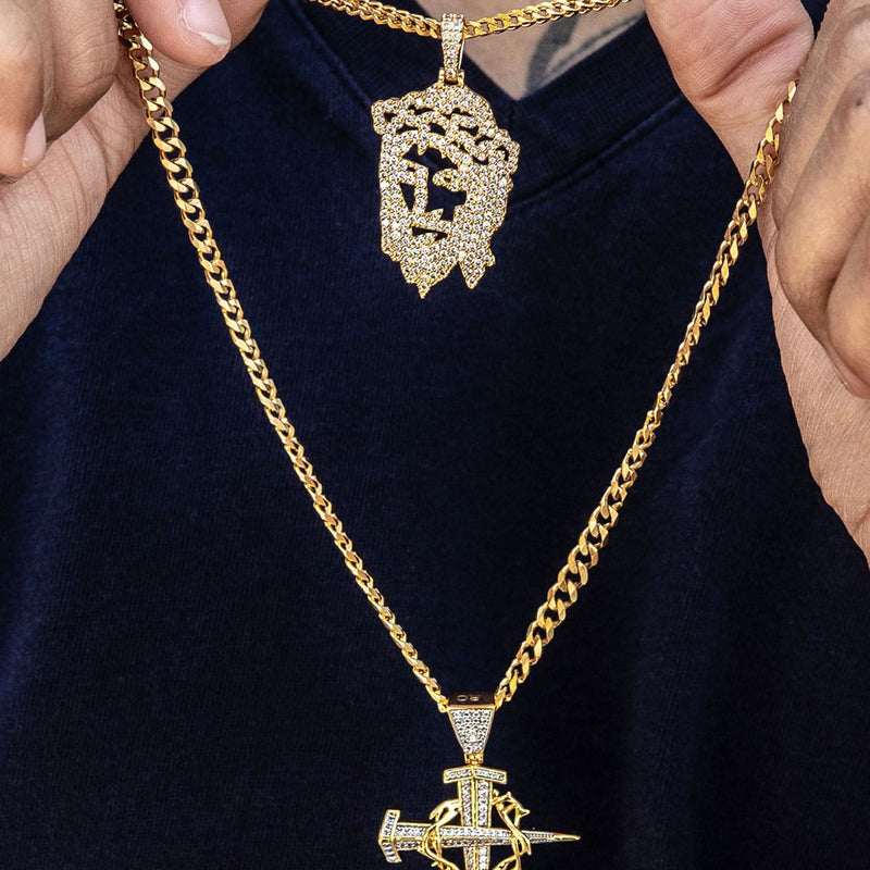 Gold Plated Iced Out Jesus Piece & Cross With Cuban Chain & Franco Chain