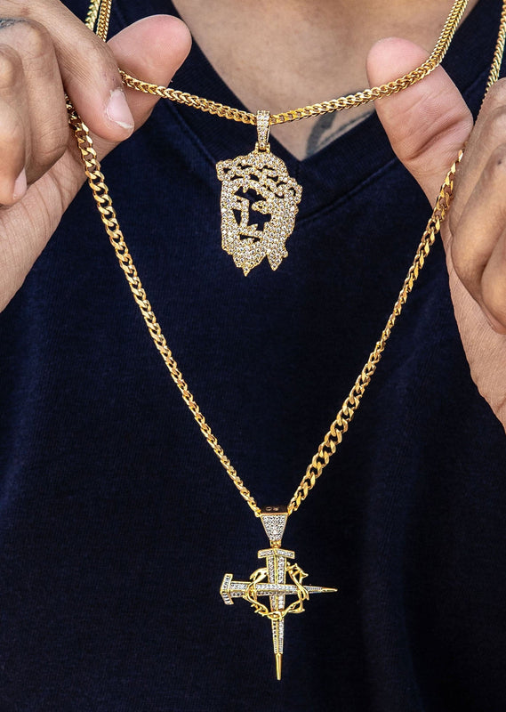 Gold Plated Iced Out Jesus Piece & Cross With Cuban Chain & Franco Chain