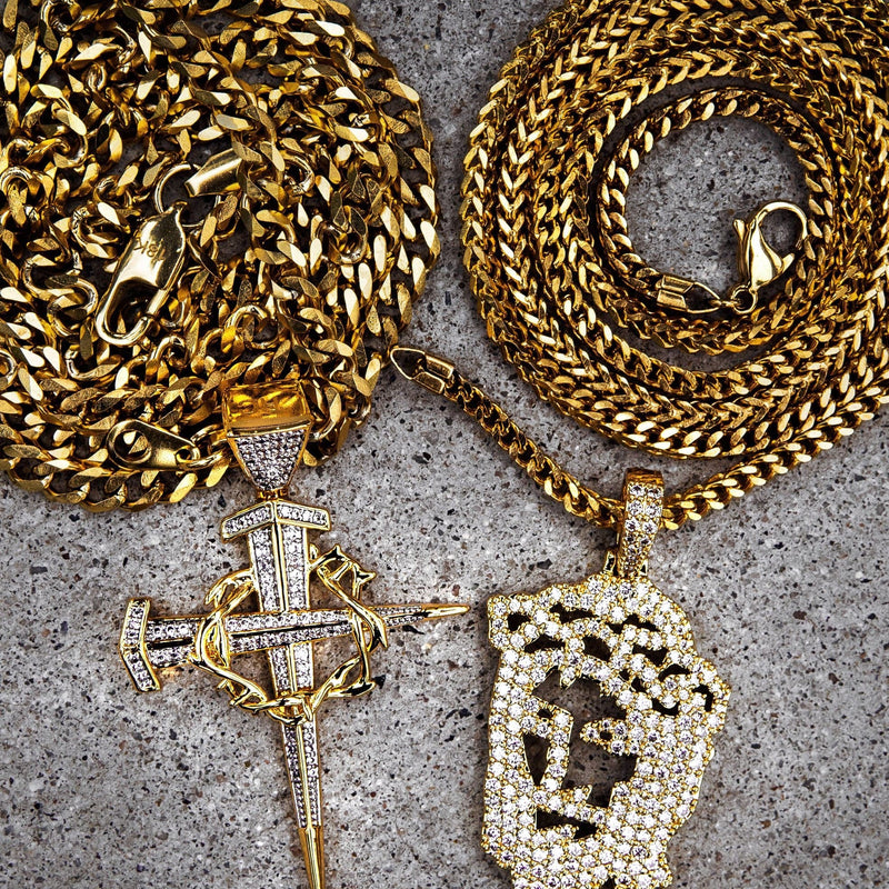Gold Plated Iced Out Jesus Piece & Cross With Cuban Chain & Franco Chain