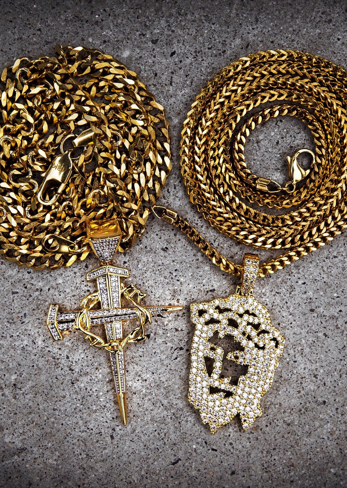 Gold Plated Iced Out Jesus Piece & Cross With Cuban Chain & Franco Chain