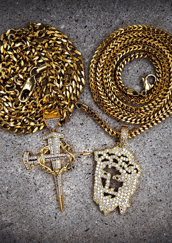 Gold Plated Iced Out Jesus Piece & Cross With Cuban Chain & Franco Chain