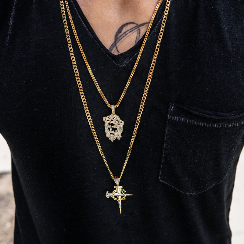 Gold Plated Iced Out Jesus Piece & Cross With Cuban Chain & Franco Chain