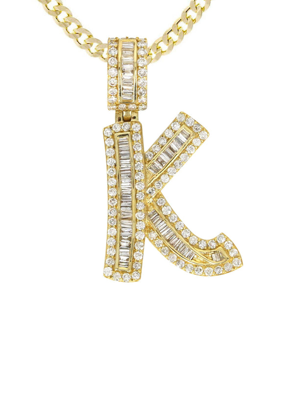 14K Yellow Gold Letter "K" Baguette Diamond Necklace | 2.17 Carats