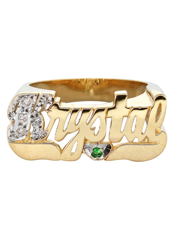 14K Diamond & Emerald Gold Name Ring | Appx. 4.8 Grams