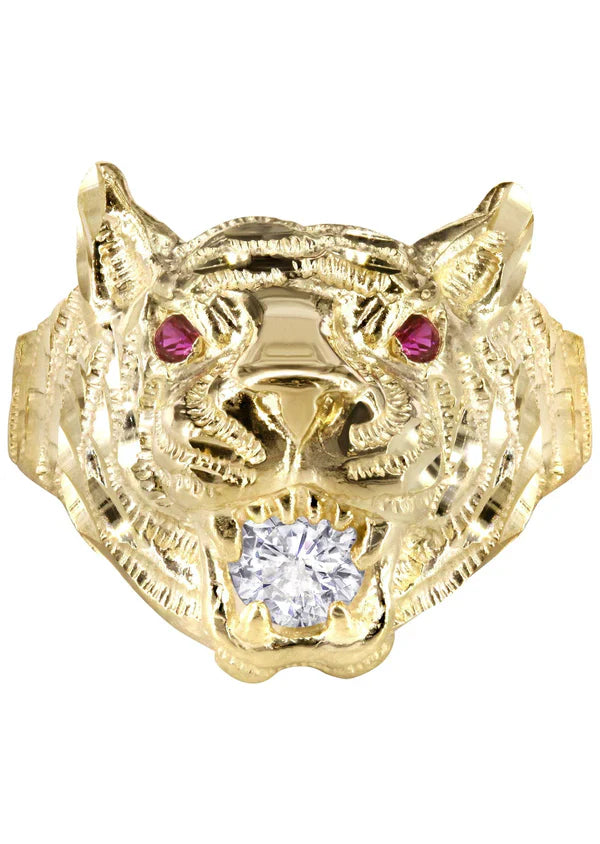 Mens Gold Tiger Face Style Ring | 10K Solid Yellow Gold