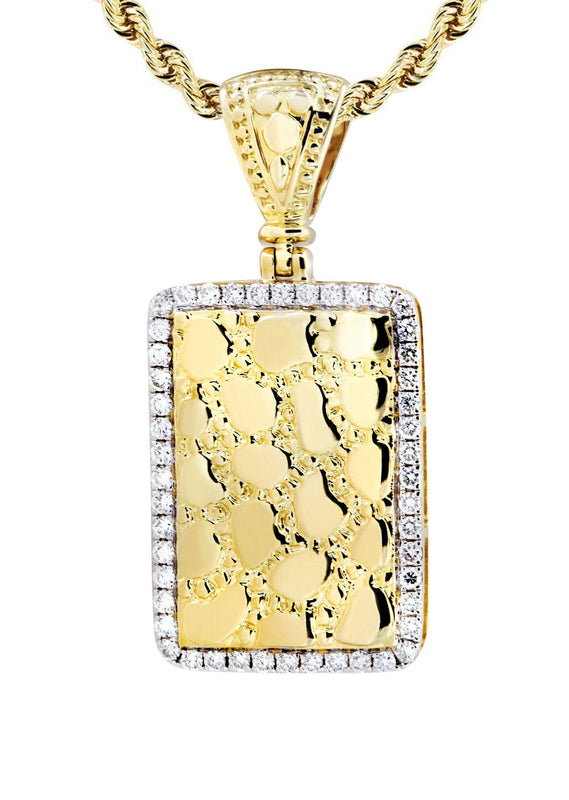 14K Yellow Gold Nugget Dog Tag Diamond Necklace  | 0.6 Carats