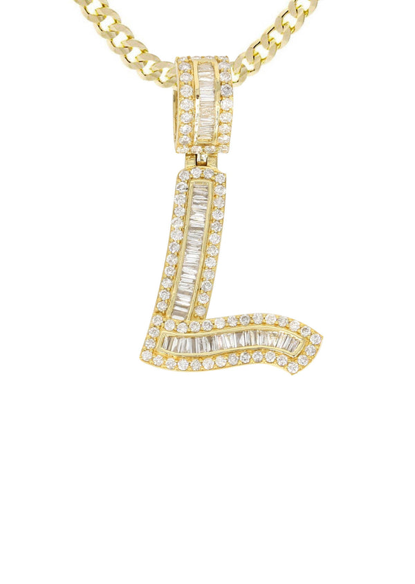 14K Yellow Gold Letter "L" Baguette Diamond Necklace | 1.55 Carats