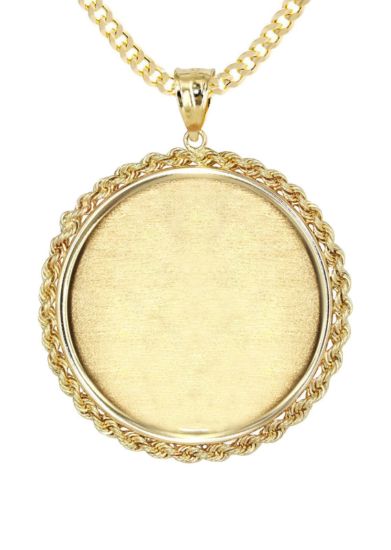 14K Yellow Gold Round Rope Link Picture Pendant Necklace | Appx. 1.6 Inch