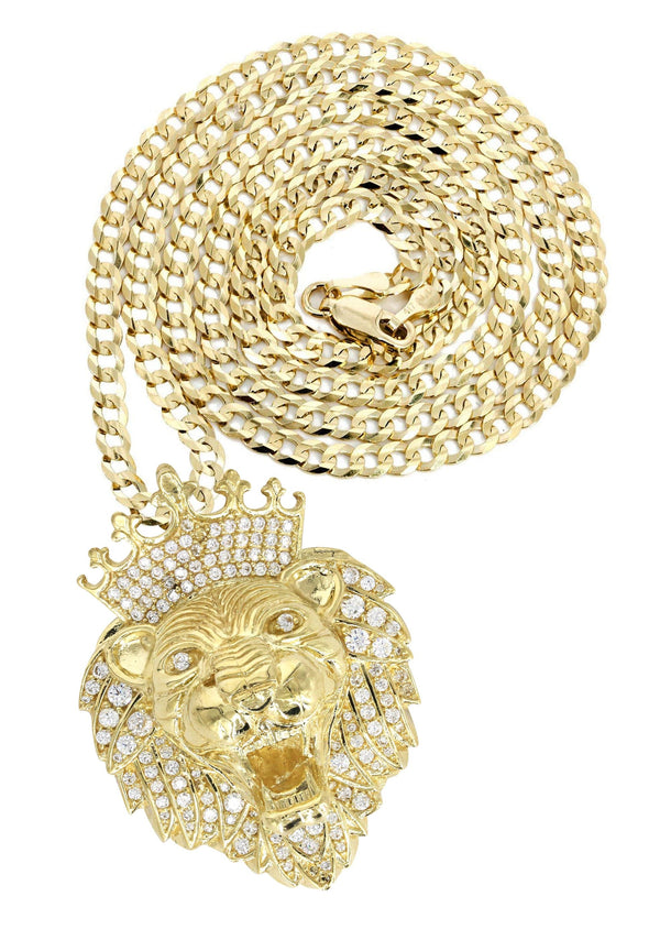 10K Yellow Gold CZ Lion Head Necklace | Appx 35.1 Grams