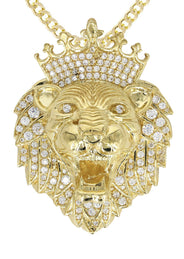 10K Yellow Gold CZ Lion Head Necklace | Appx 35.1 Grams