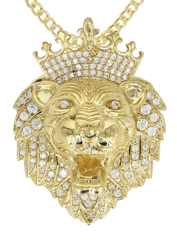 10K Yellow Gold CZ Lion Head Necklace | Appx 35.1 Grams