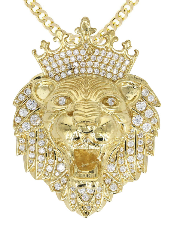 10K Yellow Gold CZ Lion Head Necklace | Appx 35.1 Grams