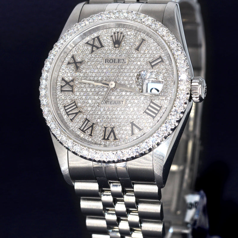 Mens Diamond Rolex Datejust Watch 16200  | 36MM | Fully Iced Out Diamond Roman Dial | Jubilee Band