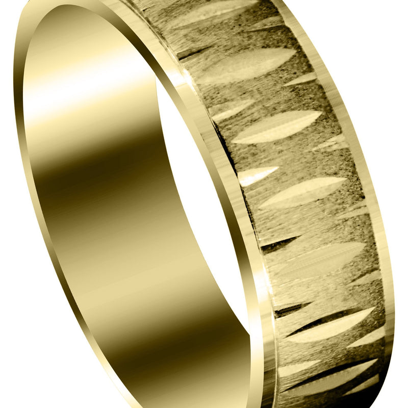 Yellow Gold Carved Diamond Cut Mens Wedding Band | Cross Satin Finish (Samuel)