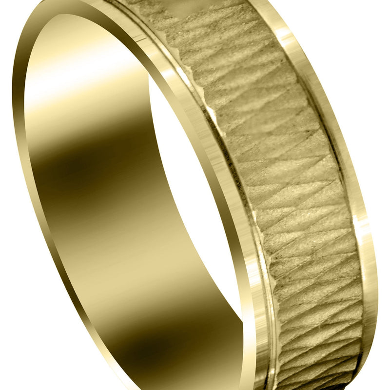 Yellow Gold Fancy Carved Contemporary Mens Wedding Band | Sand Blast / High Polish Finish (Mason)