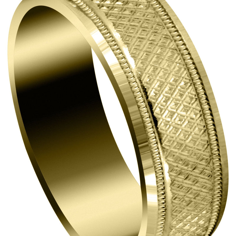 Yellow Gold Fancy Carved Contemporary Mens Wedding Band | Diamond Cut Finish (Christopher)