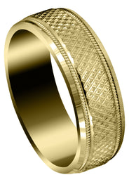 Yellow Gold Fancy Carved Contemporary Mens Wedding Band | Diamond Cut Finish (Christopher)