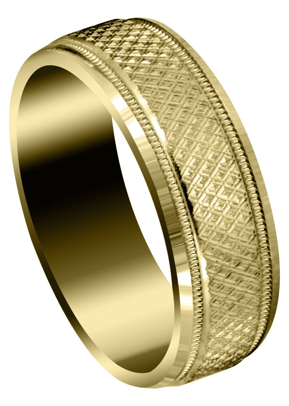 Yellow Gold Fancy Carved Contemporary Mens Wedding Band | Diamond Cut Finish (Christopher)