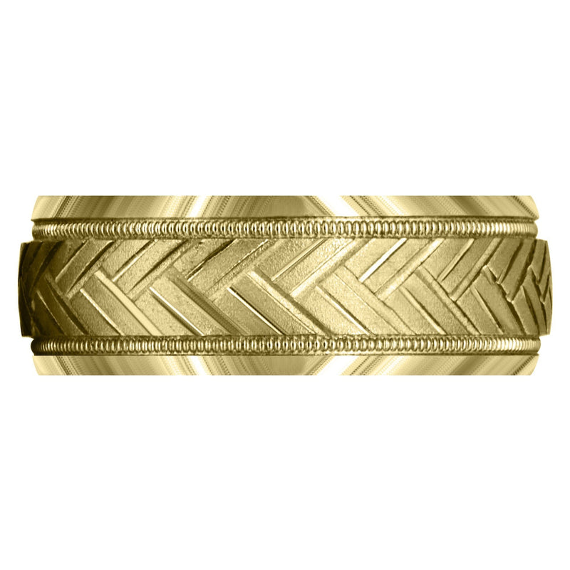 Yellow Gold Fancy Carved Contemporary Mens Wedding Band | High Polish Finish (Hunter)