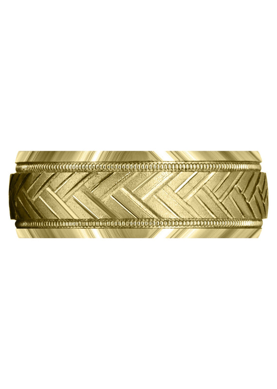 Yellow Gold Fancy Carved Contemporary Mens Wedding Band | High Polish Finish (Hunter)