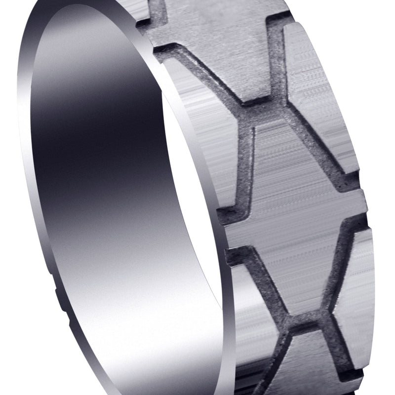 Fancy Carved Contemporary Mens Wedding Band | High Polish Finish (Andrew)