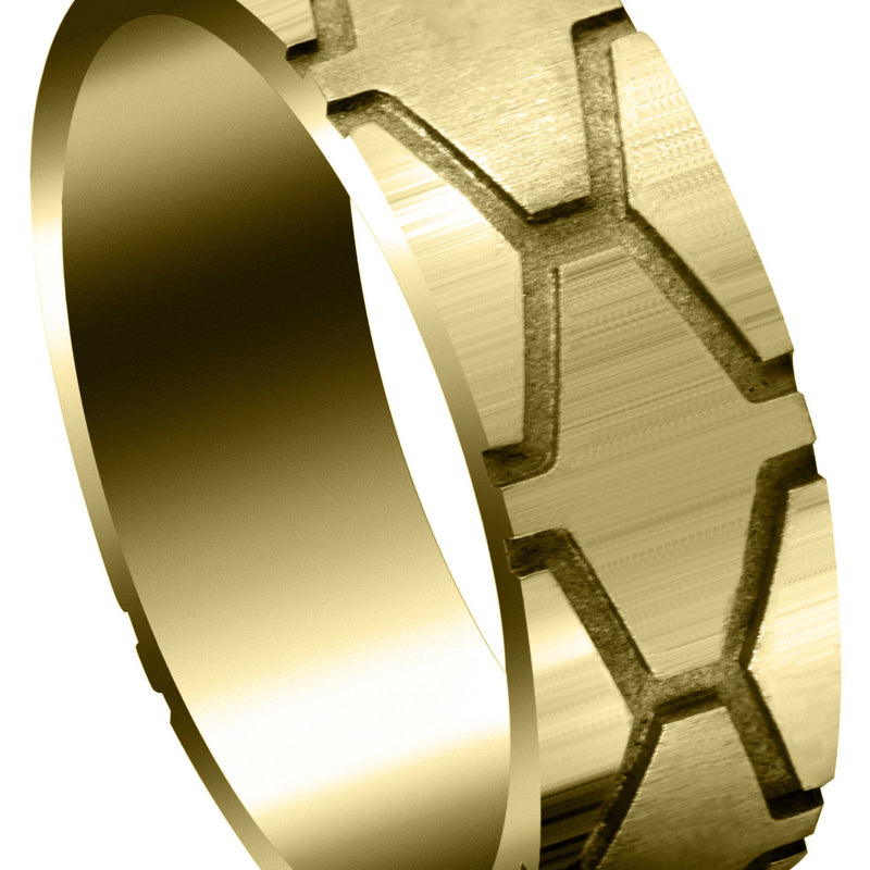 Yellow Gold Fancy Carved Contemporary Mens Wedding Band | High Polish Finish (Andrew)