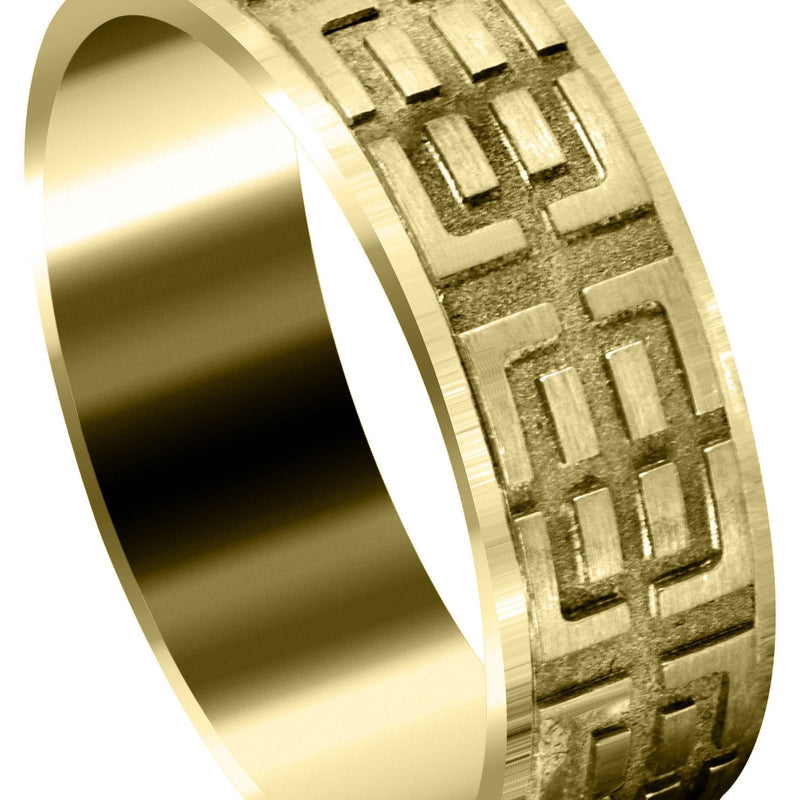Yellow Gold Fancy Carved Contemporary Mens Wedding Band | Satin / High Polish Finish (Henry)