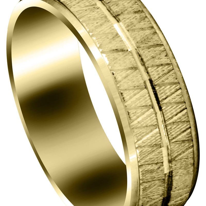 Yellow Gold Fancy Carved Contemporary Mens Wedding Band | Diamond Cut Finish (Levi)