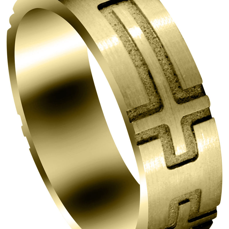 Yellow Gold Fancy Carved Religious Mens Wedding Band | Satin Finish (Jaxon)