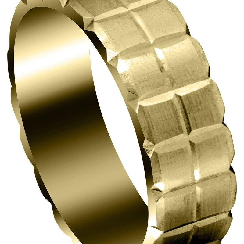 Yellow Gold Carved Diamond Cut Mens Wedding Band | Satin Finish (Jonathan)