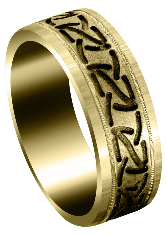 Yellow Gold Fancy Carved Contemporary Mens Wedding Band | GB / High Polish Finish (John)