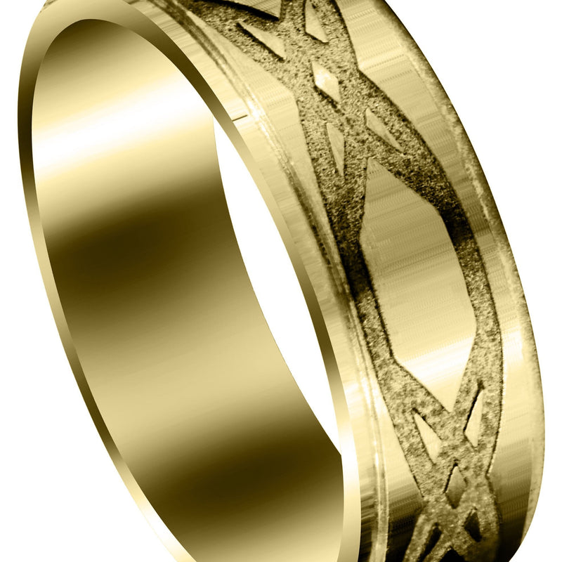 Yellow Gold Fancy Carved Contemporary Mens Wedding Band | Satin / Hish Polish Finish (Isaiah)