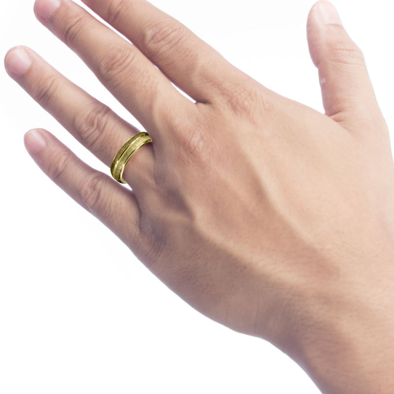 Yellow Gold Carved Simple Mens Wedding Band | Cross Satin Finish (Aaron)