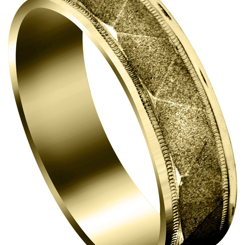 Yellow Gold Carved Simple Mens Wedding Band | Sand Blast Finish (Tristan)