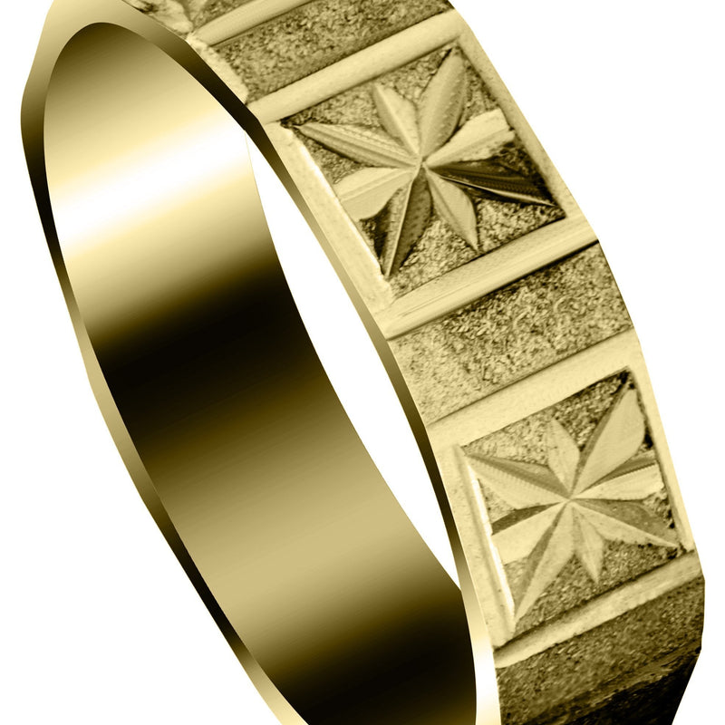Yellow Gold Carved Diamond Cut Mens Wedding Band | Satin Finish (Greyson)