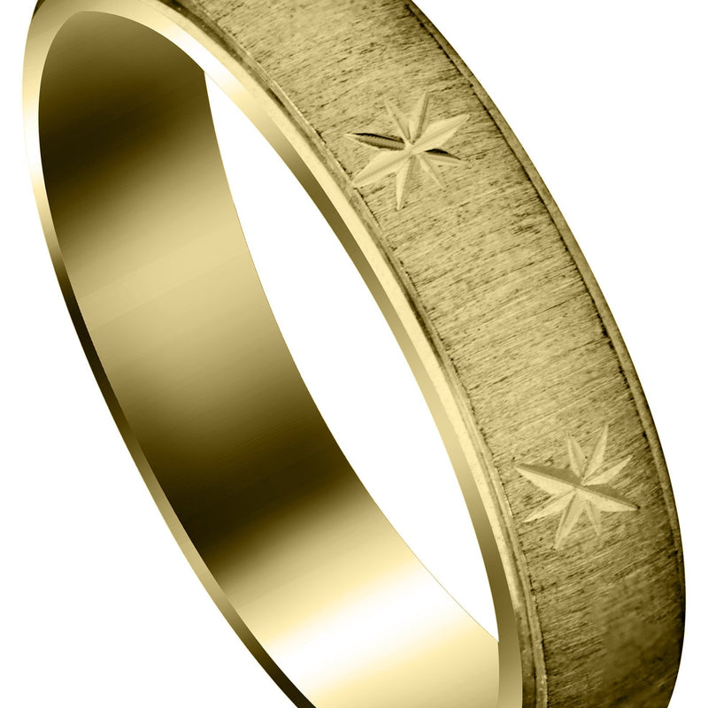 Yellow Gold Carved Diamond Cut Mens Wedding Band | Cross Satin Finish (Declan)