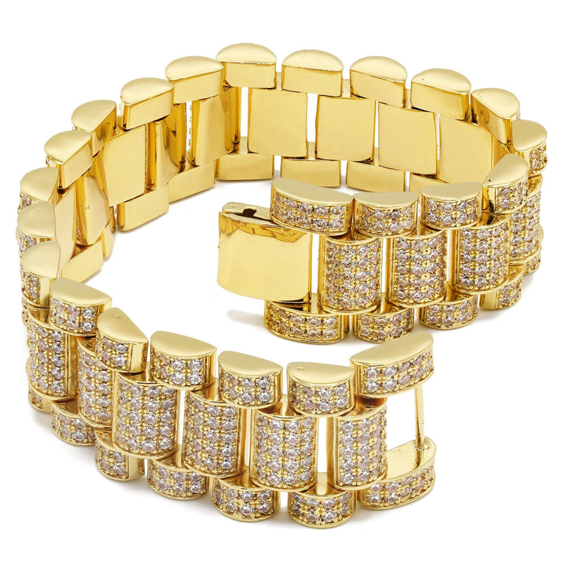 Gold Plated Mens Iced Out Presidential Band Bracelet