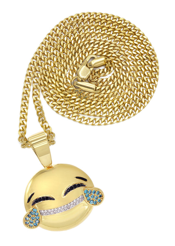 Mens Gold Plated Cuban Link Chain & Emoji Pendant | Appx. 16.3 Grams