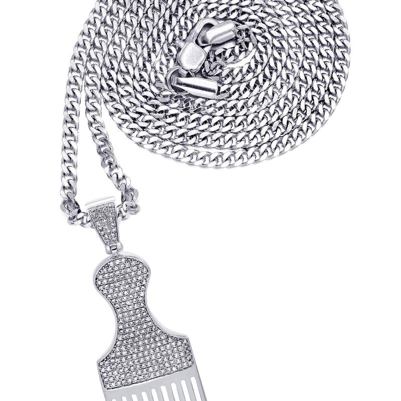 White Gold Plated Cuban Link Chain & Comb Pendant | Appx. 18 Grams
