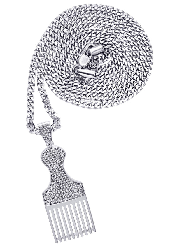 White Gold Plated Cuban Link Chain & Comb Pendant | Appx. 18 Grams
