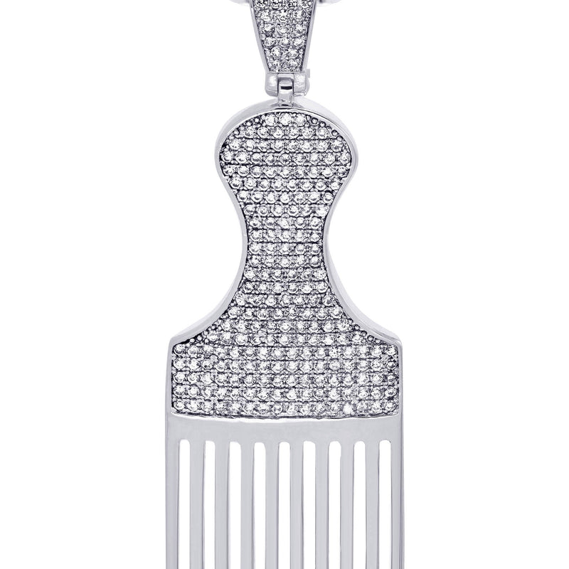 White Gold Plated Cuban Link Chain & Comb Pendant | Appx. 18 Grams