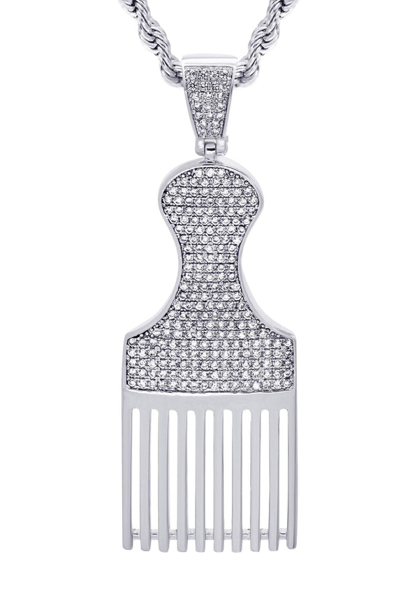 White Gold Plated Cuban Link Chain & Comb Pendant | Appx. 18 Grams