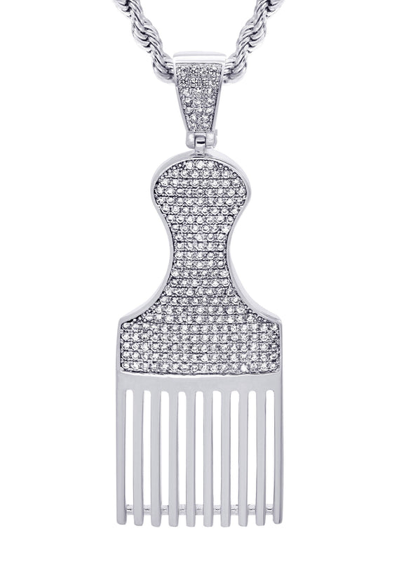 White Gold Plated Cuban Link Chain & Comb Pendant | Appx. 18 Grams