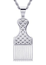 White Gold Plated Cuban Link Chain & Comb Pendant | Appx. 18 Grams