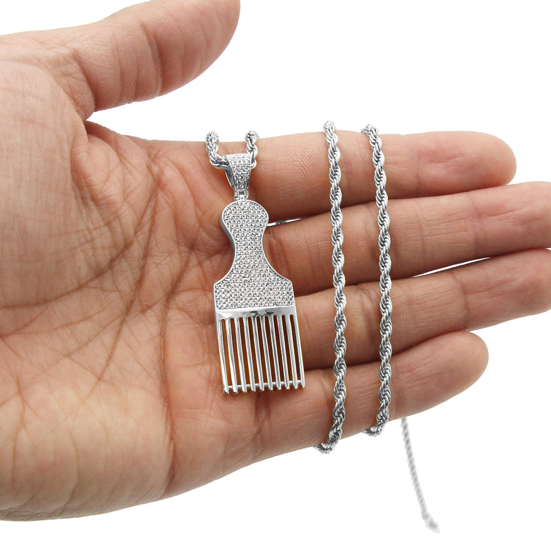 White Gold Plated Cuban Link Chain & Comb Pendant | Appx. 18 Grams